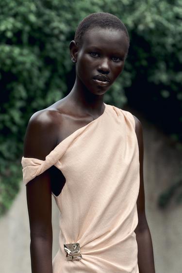 ASYMMETRIC MIDI DRESS WITH LINEN BLEND APPLIQUÉ - Peach by Zara - Image 6