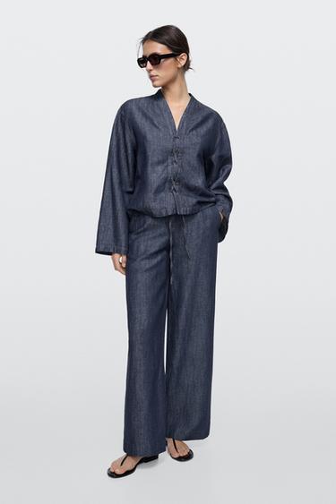 Zara Total look linen blend wide-leg jeans - Blue - Image 0