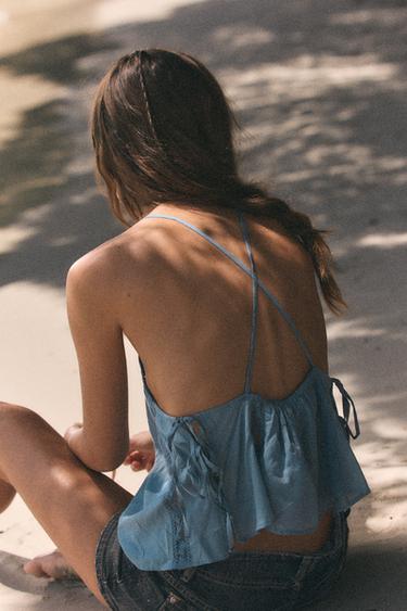 TOP À BRETELLES BRODÉES - Bleu de Zara - Image 3