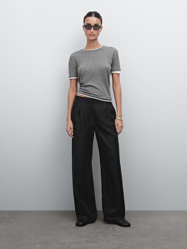 Zara 100% linen wide-leg elastic detail trousers - Black - Image 0