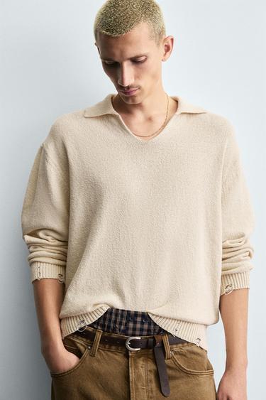 KNITTED RIPPED-EFFECT POLO SHIRT - Ecru by Zara - Image 4
