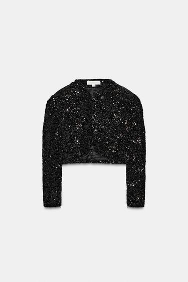 JACKE MIT VOLUMINÖSEN PAILLETTENÄRMELN - Schwarz von Zara