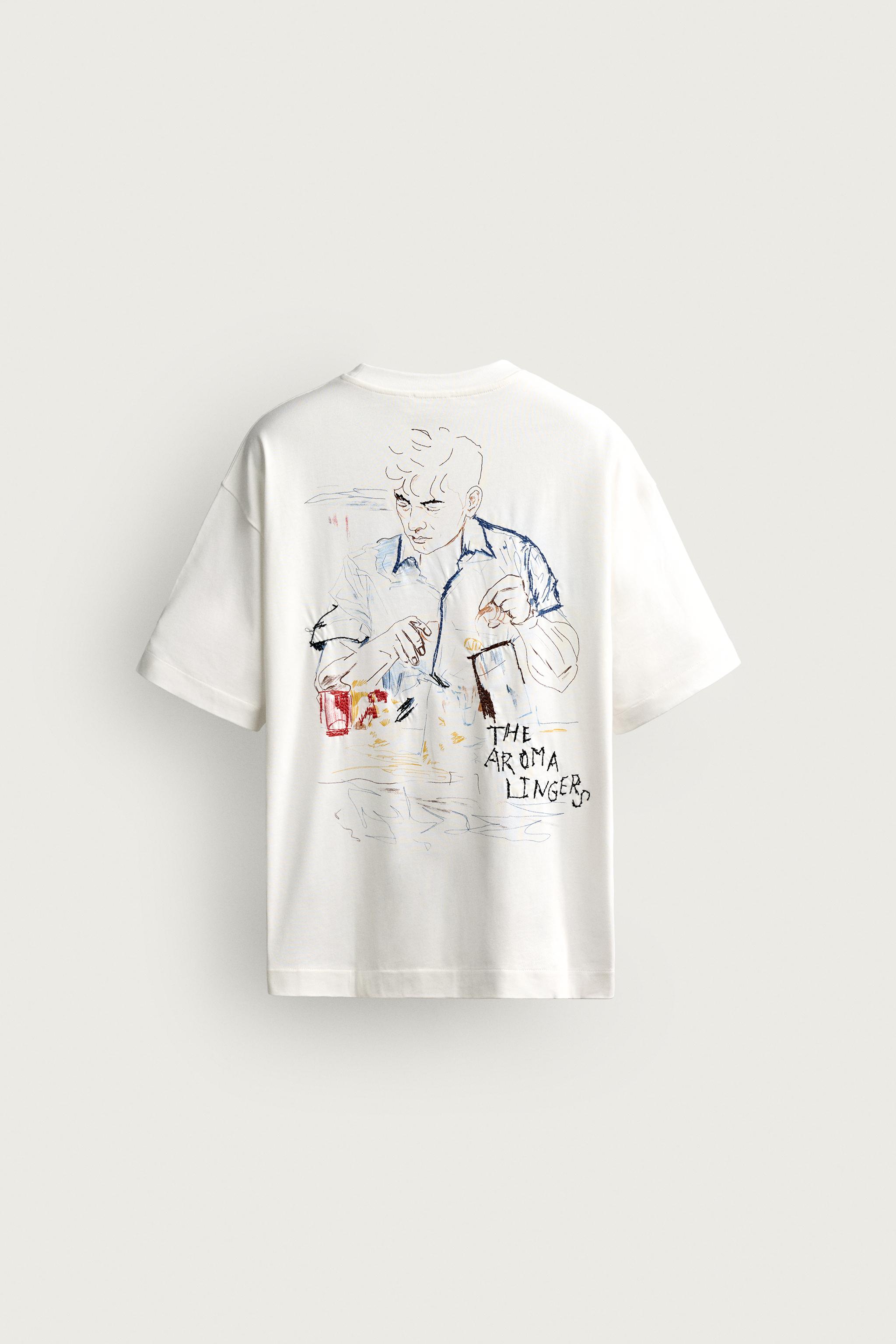 Мужские футболки Zara CONTRAST PRINT AND EMBROIDERY T-SHIRT — фото 6