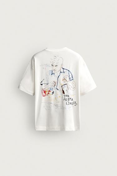 T-SHIRT MIT PRINT-STICKEREI-KOMBINATION - Weiß von Zara