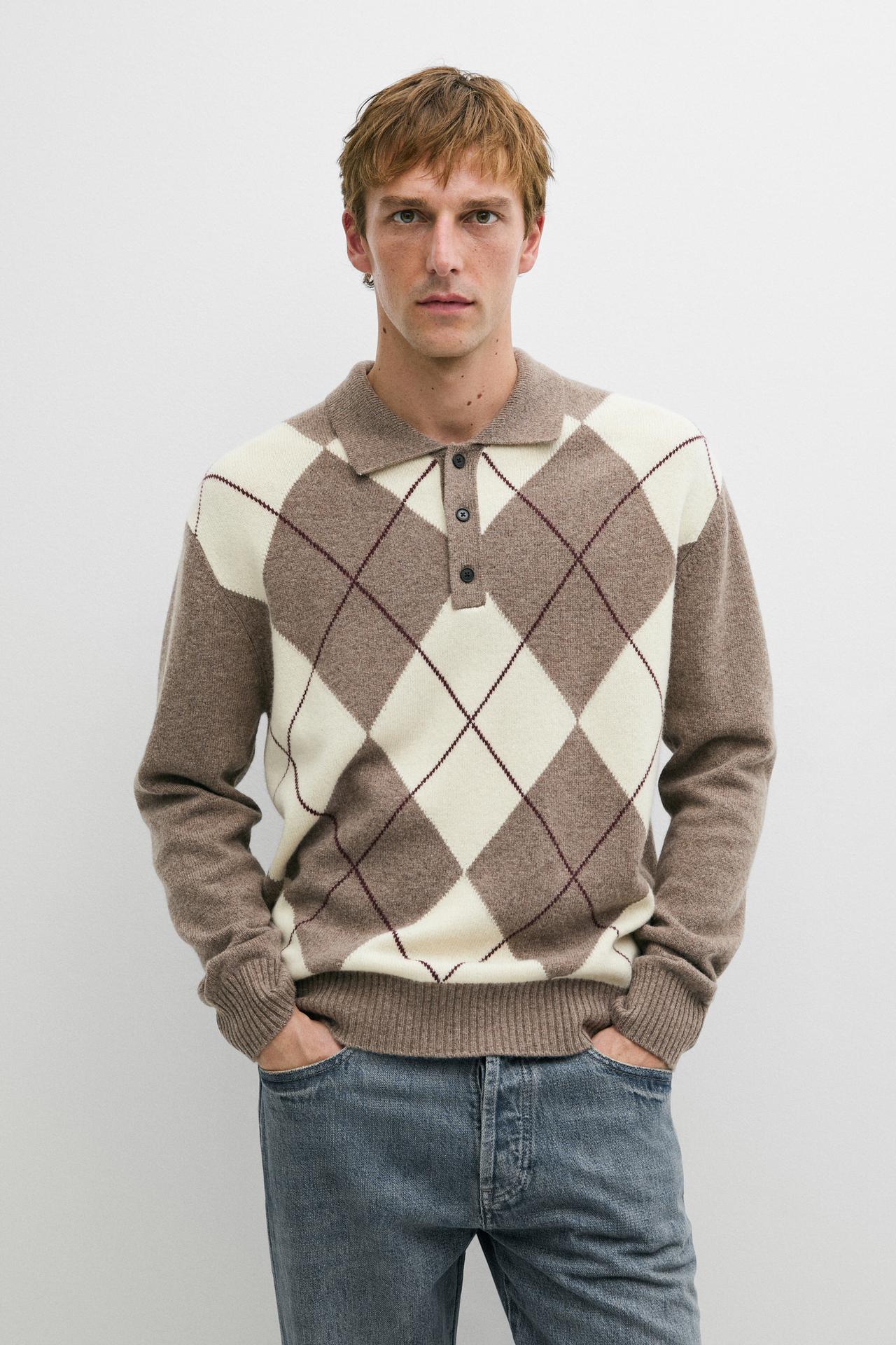 Diamond knit polo sweater — Mink