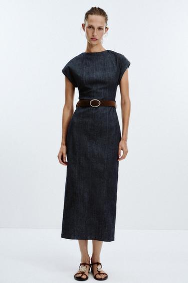 NAUWSLUITENDE MIDI-JURK MET CEINTUUR - Blauw van Zara - Afbeelding 0