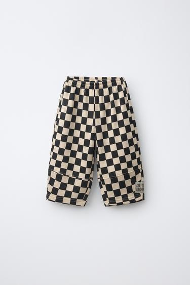 Zara 棋盤格紋桶型長褲 - 裸色 / 黑色 - 圖片 0