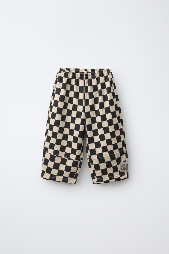 Zara 棋盤格紋桶型長褲 - 裸色 / 黑色 - 圖片 0