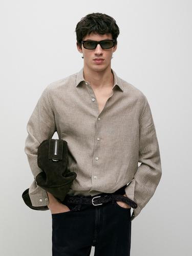 Zara 100% linen regular fit check shirt - Brown