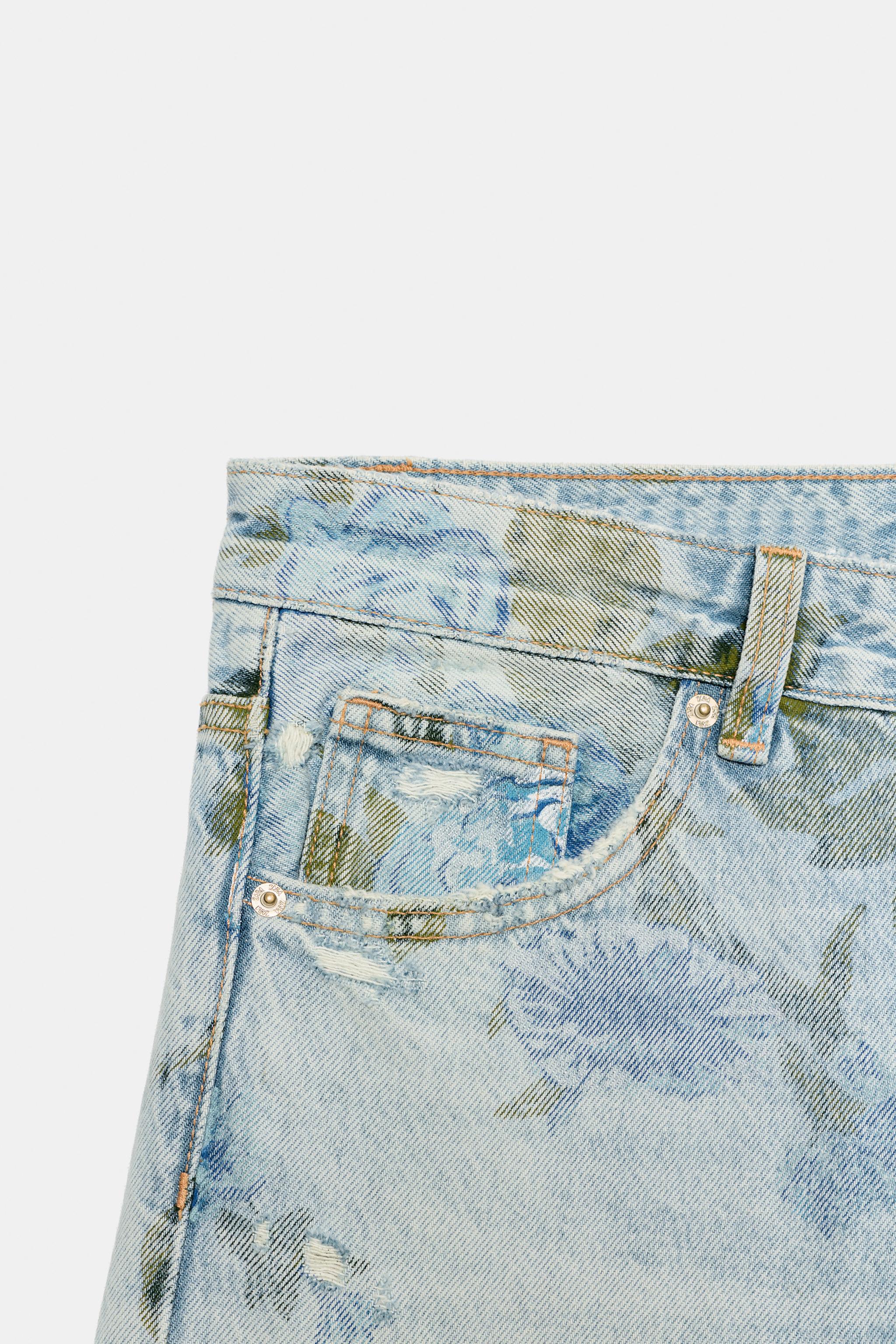 JEAN TRF LOOSE À REVERS TAILLE BASSE MOTIFS FLEURS