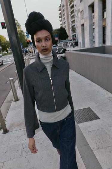 HERRINGBONE CROPPED BLAZER - Dark grey by Zara - Image 1