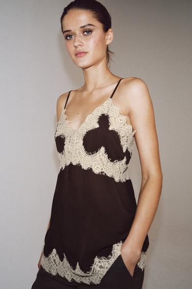 ZW COLLECTION LACE CAMISOLE TOP - Brown by Zara