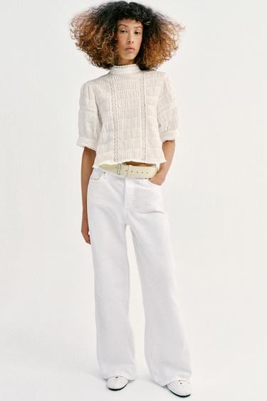 LACE TRIM BALLOON SLEEVE SHIRT - White by Zara - Image 0