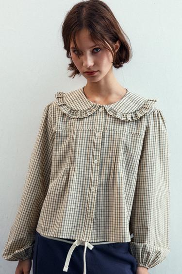 CAMISA DE XADREZ COM GOLA DE BEBÉ - Cru / Castanho da Zara - Imagem 0