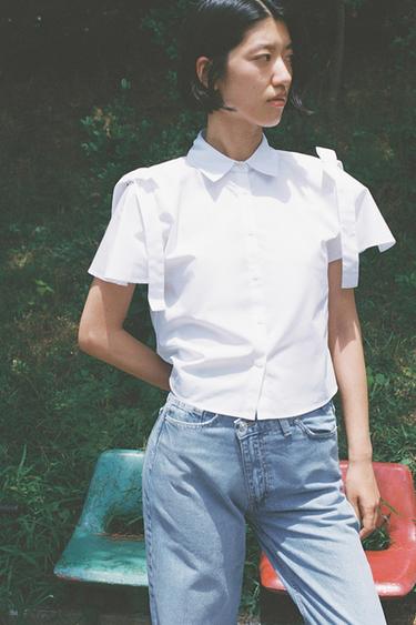 リボン付きポプリンシャツホワイトZaraのリボン付きポプリンシャツ - ホワイト