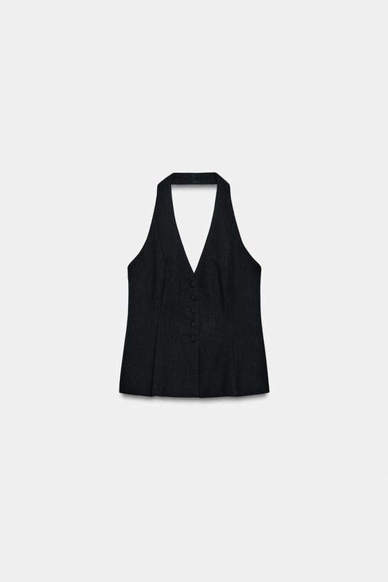 TOP GILET HALTER BOUTON RECOUVERT - Noir de Zara - Image 4