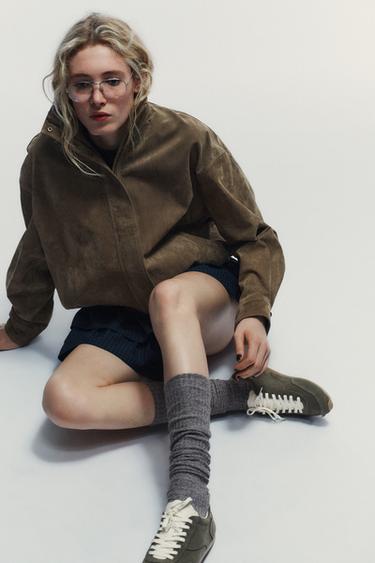 Zara CONTRASTING SPLIT SUEDE SNEAKERS - Khaki Green