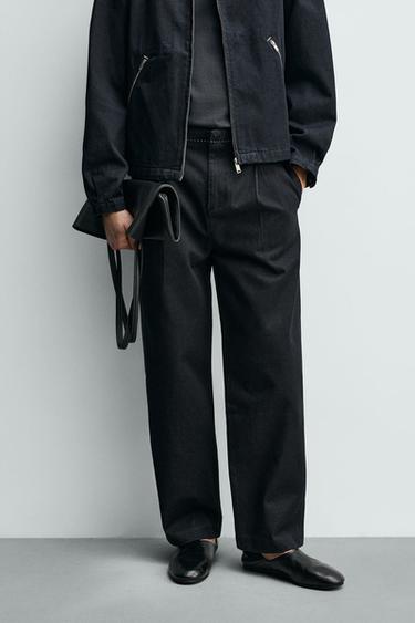 Zara 撞色縫線牛仔休閒長褲 - 靛青色