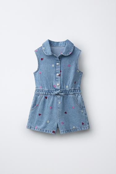 DENIM SHORT JUMPSUIT WITH EMBROIDERY - Mid-blue by Zara - Image 0