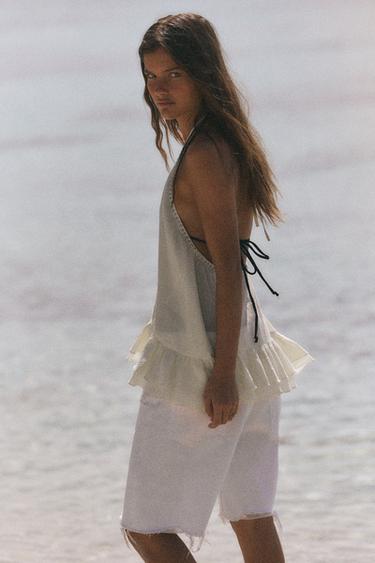 HALTER TOP WITH RUFFLES AND STUDS - Ecru by Zara - Image 1