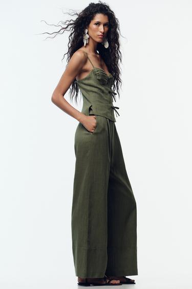 Zara LINEN BOW STRAP JUMPSUIT - Khaki
