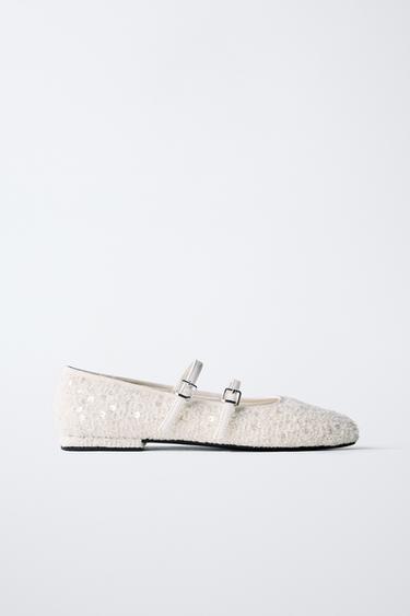 FABRIC BALLET FLATS WITH DOUBLE BUCKLE - Ecru White by Zara