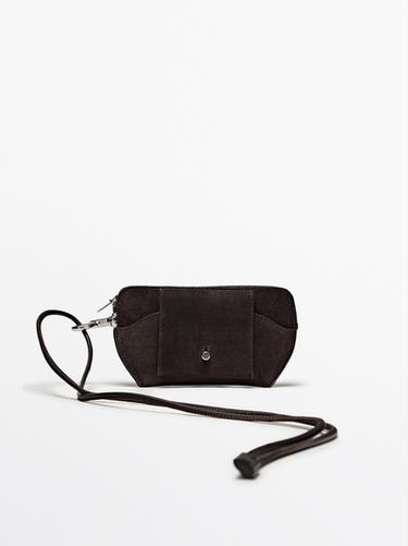 Zara Split leather crossbody glasses case with purse - Brown