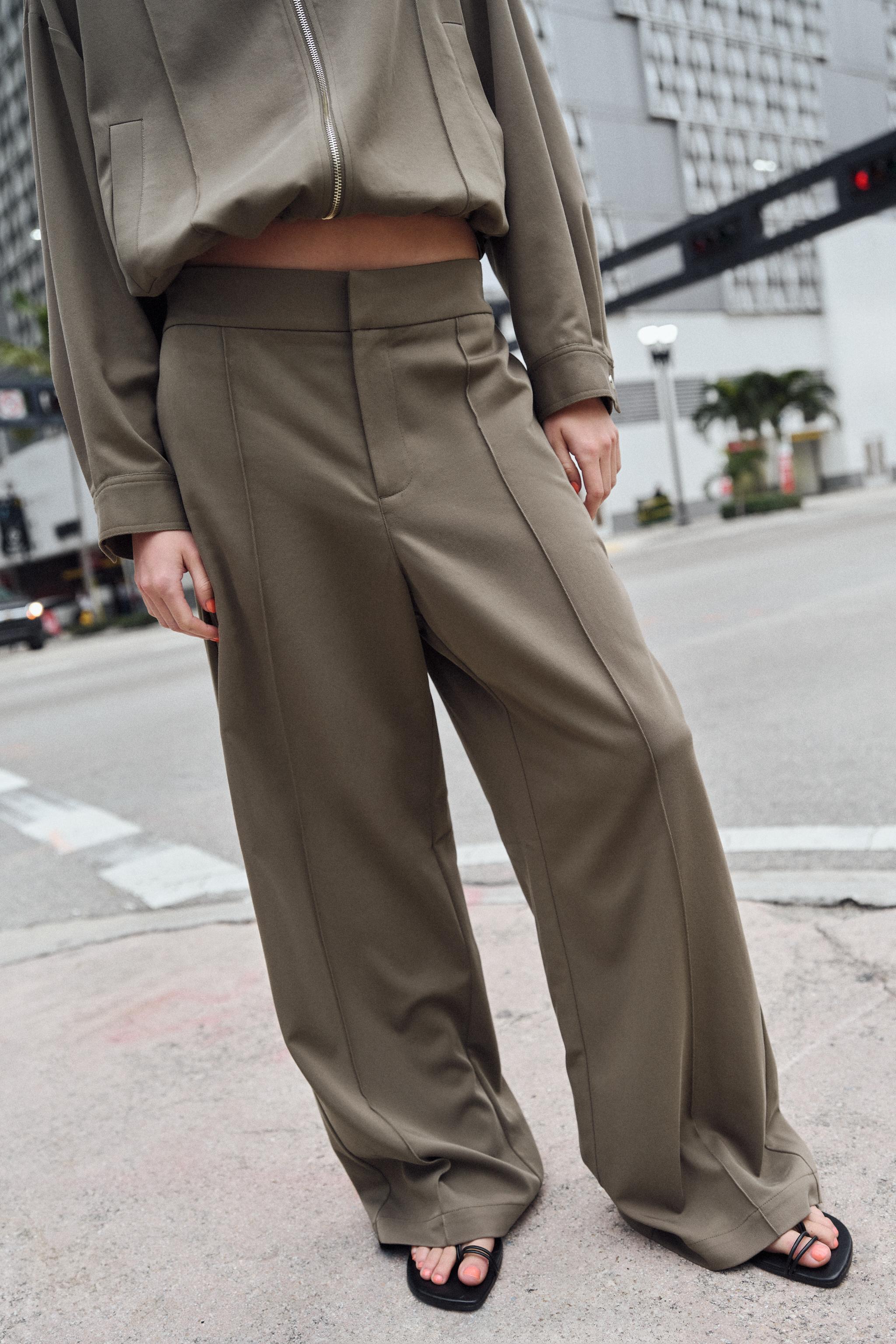 STRAIGHT-LEG TROUSERS WITH FRONT SEAM DETAIL — Khaki