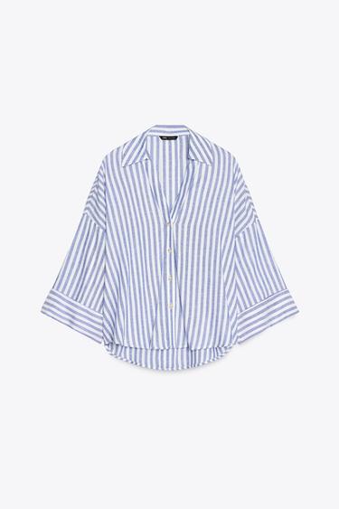 РУБАШКА ИЗ СМЕСОВОГО ЛЬНА С ШИРОКИМИ РУКАВАМИ — Синий/Белый от Zara