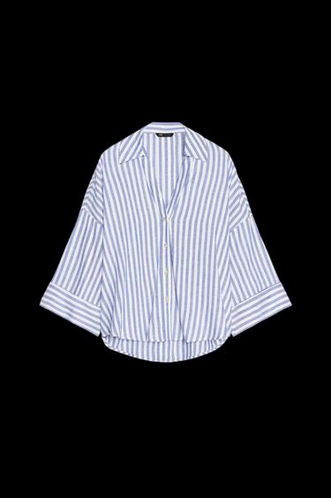 HEMD MIT WEITEN ÄRMELN UND LEINEN - Weiß / Blau von Zara