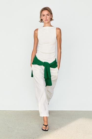 Zara 100% cotton straight neckline T-shirt - Ecru