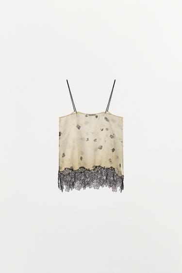 PRINTED LACE-TRIMMED CAMISOLE TOP - Ecru / Black by Zara - Image 4