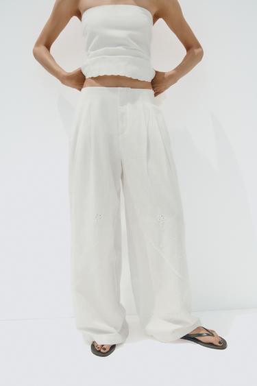 Zara EMBROIDERED PANTS - Oyster-white