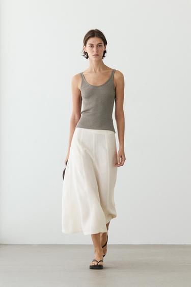 Zara Flowing 100% linen midi skirt - White