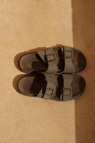 Zara 雙帶飾真皮涼鞋 - 暗灰褐色
