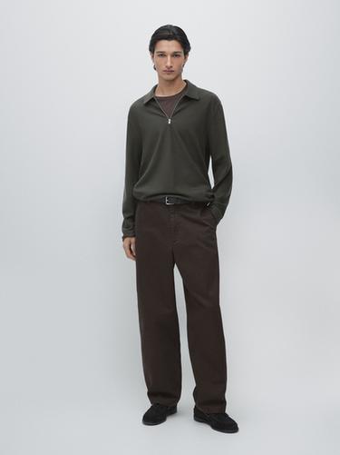 Zara Long sleeve zip-up polo shirt - Dark khaki