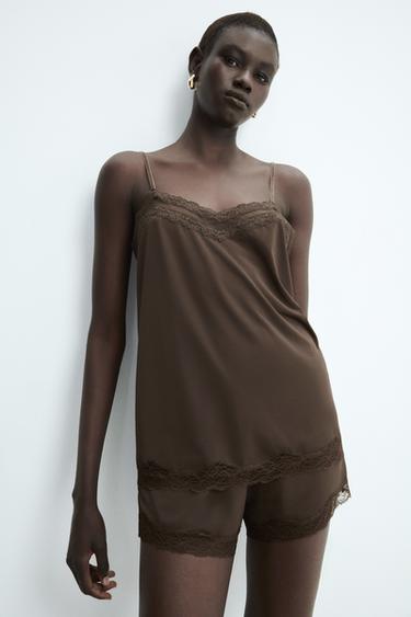 TOP LENCERO ENCAJE - Marrón oscuro de Zara
