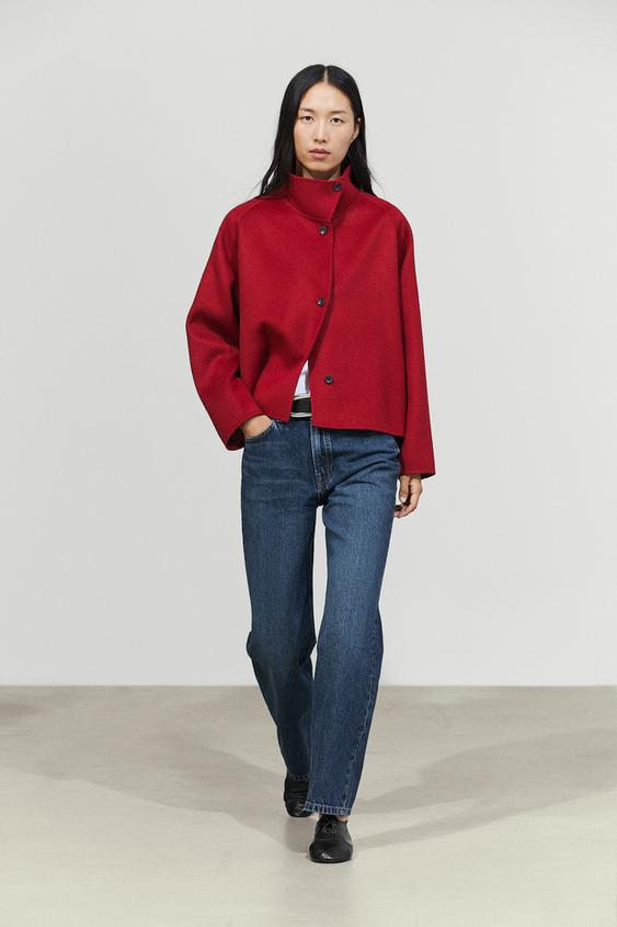 Zara Short wool blend stand collar coat - Red - Image 0