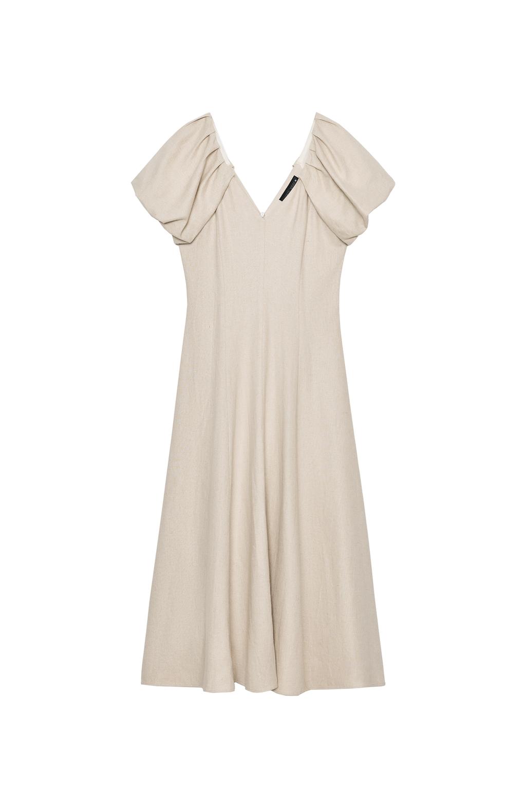 LINEN BLEND PUFF SLEEVE MIDI DRESS - image 3