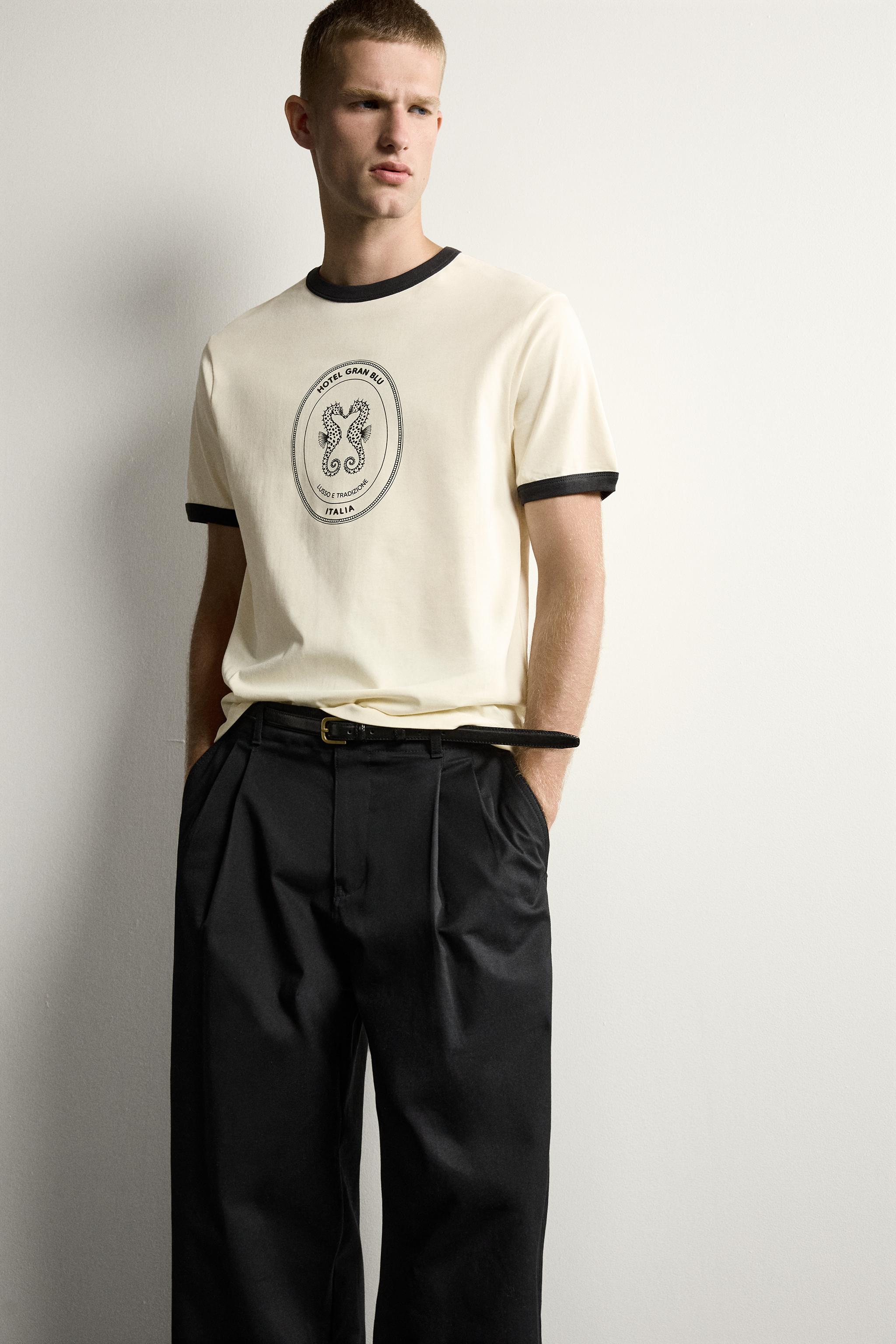 Мужские футболки Zara RINGER CONTRAST RIBBED GRAPHIC T-SHIRT — фото 5