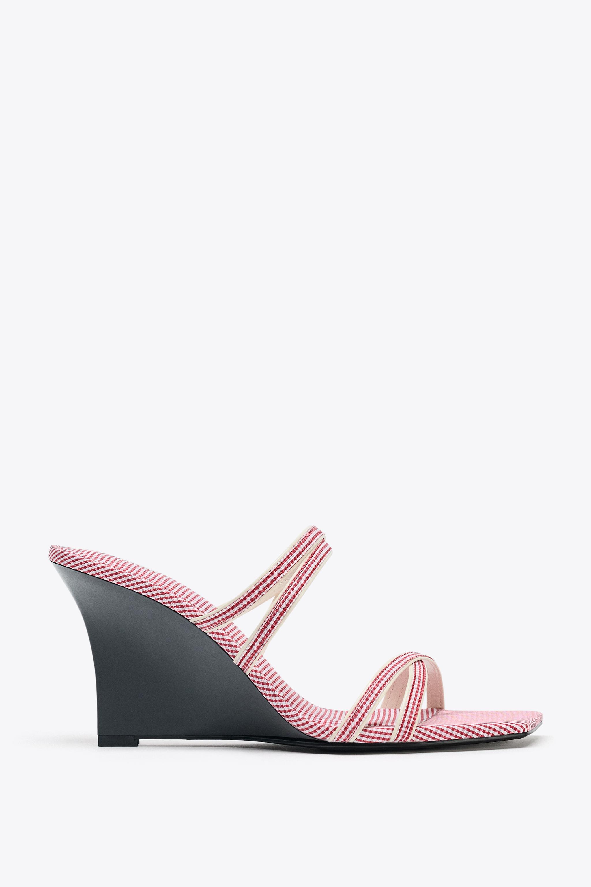 チェック柄ストラップ付きウェッジソール - レッド | ZARA Japan