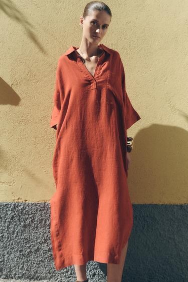 ZW COLLECTION 100% LINEN TUNIC DRESS - Brick by Zara