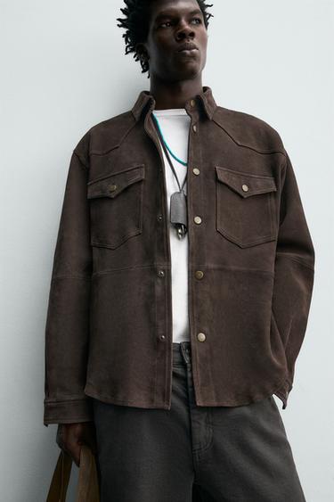REGULAR FIT SUEDE LEATHER OVERSHIRT - Dark brown by Zara - Image 4