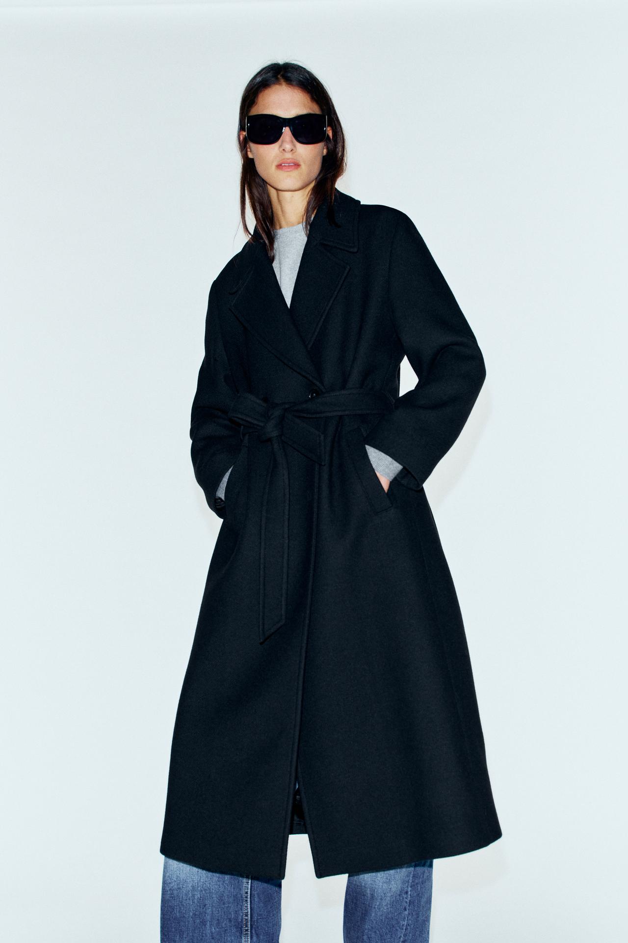LONG WOOL BLEND COAT WITH BELT — Black