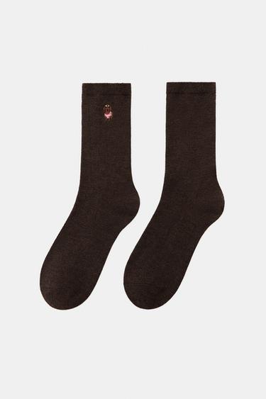 PLAIN SOCKS WITH DACHSHUND EMBROIDERY - Brown by Zara