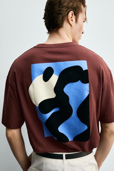 FLOCKED PRINT RELAXED FIT T-SHIRT - Burgundy by Zara - Image 5