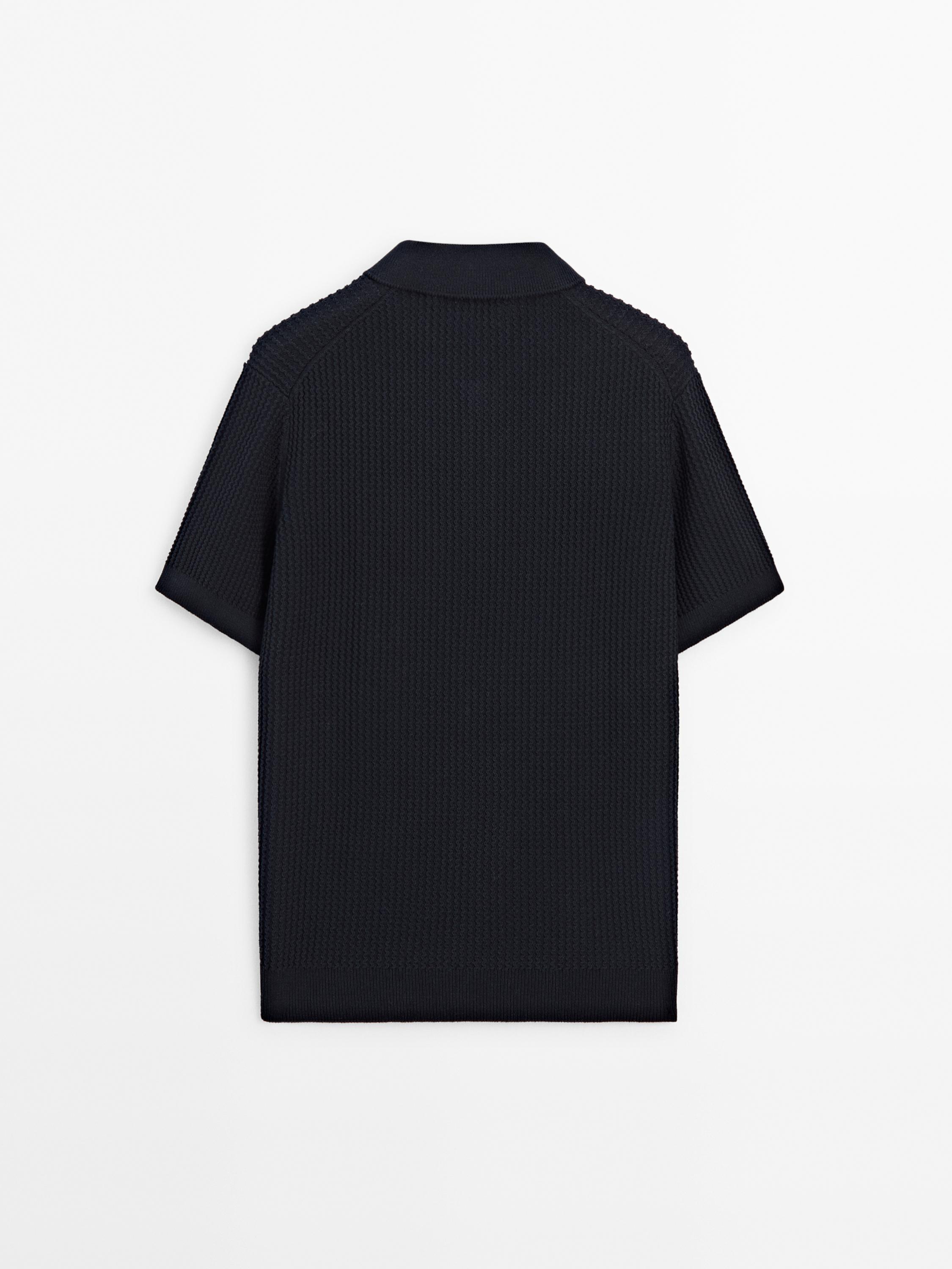 Short sleeve textured knit polo sweater - Ecru / Khaki | ZARA 