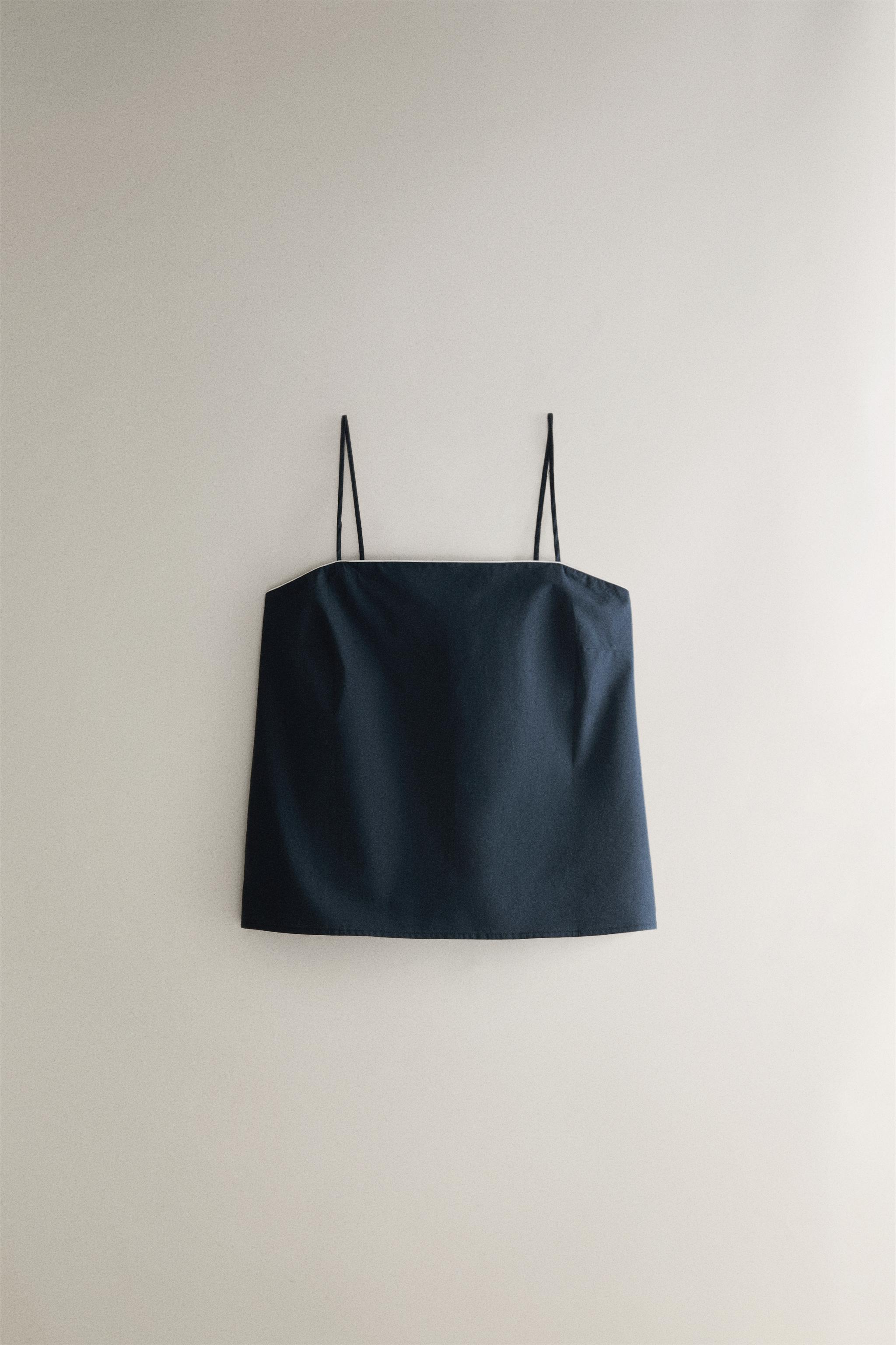 STRAPPY COTTON TOP WITH PIPING — Navy blue