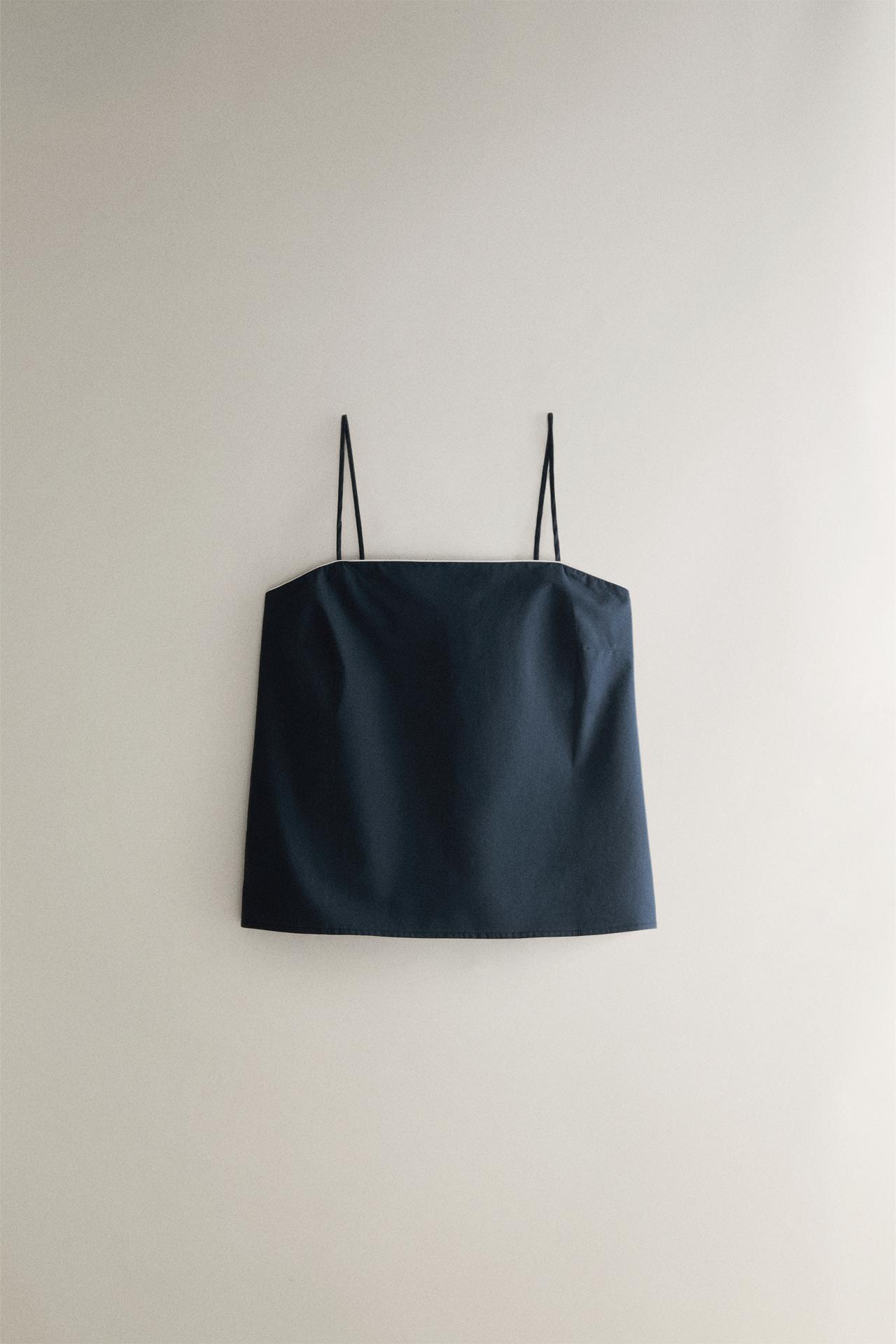 STRAPPY COTTON TOP WITH PIPING — Navy blue