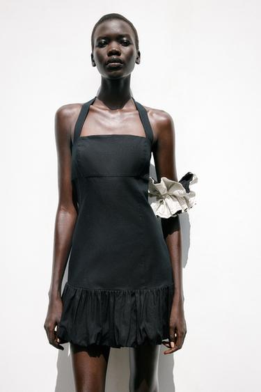 Zara MINI DRESS WITH BUBBLE HEM - Black